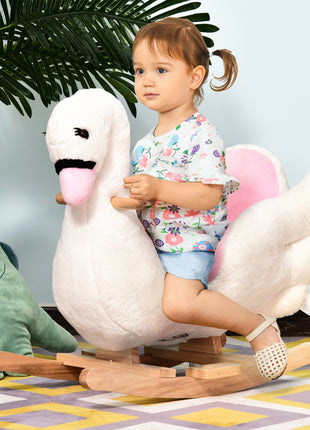 Kids Ride On Rocking Horse Plush Swan Style Toy with Music for Over 18 Months Children, White and Pink