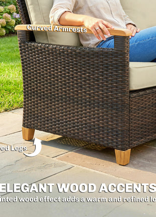 3 Seater Outdoor Couch Sofa, PE Wicker Patio Sofa, Wide Deep Seat, 4" Cushions, Wood-Effect Armrests Legs, Beige