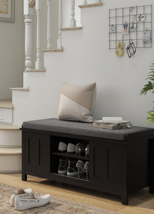 Modern Shoe Storage Bench, Entry Way Bench with Cushion, 2 Sliding Doors, Storage Ottoman Bench, Holds 10 Pairs, Black