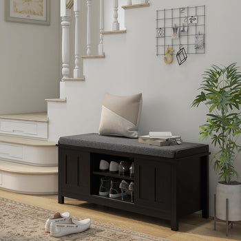 Modern Shoe Storage Bench, Entry Way Bench with Cushion, 2 Sliding Doors, Storage Ottoman Bench, Holds 10 Pairs, Black