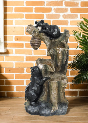 22.4" Outdoor Fountain, 3-Tier Resin Resin Bears and Honey Beehive Outdoor Waterfall Fountain with LED Lights, Pump
