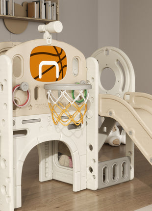 7-in-1 Toddler Slide, Kids Slide for Ages 1-6 Years w/ Ring Toss, Basketball Hoop, Telescope Climber, Storage Space