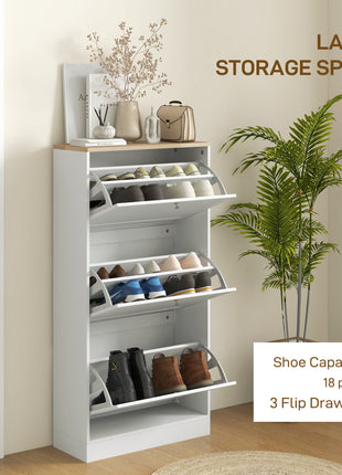 Modern Shoe Storage Cabinet with 3 Flip Drawers and Adjustable Shelves for 12-18 Pairs of Shoes, White