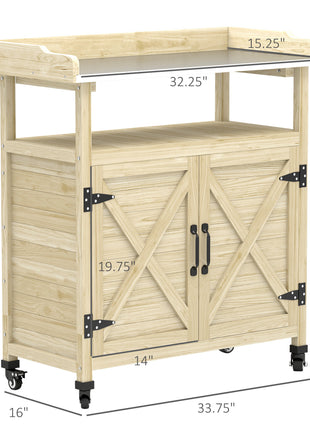 Outdoor Wooden Potting Bench with Storage Cabinet, Aluminum Tabletop, Rubber Wheels for Backyard, Patio, Natural Wood