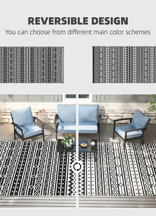 Reversible Outdoor Rug, Waterproof Plastic Straw with Carry Bag, 9' x 18', Black & White Geometric Wall