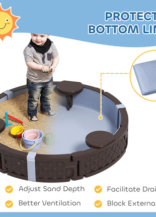 47" Round Kids Sandbox with Cover, 3 Seats, Waterproof Bottom Liner, for Backyard, Lawn, Garden, Beach, Patio, Brown