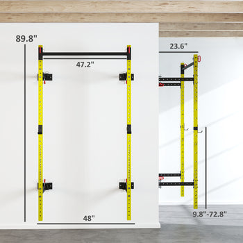 Folding Squat Rack with Pull Up Bar, Wall Mounted and Adjustable, 1000 Pounds Capacity Power Rack, Yellow
