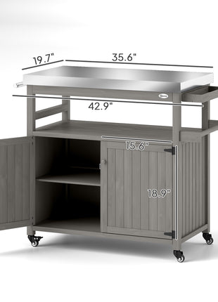 Outdoor Grill Cart w/ Stainless Steel Top, Solid Wood Outdoor Kitchen Island w/ Wheels, Storage Cabinets, Gray