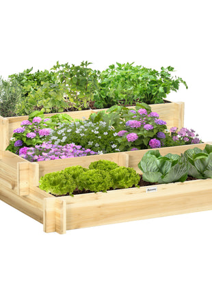 3 Tier Raised Garden Bed, Water Draining Fabric for Soil, Elevated Wood Flower Box for Vegetables, Herbs, Natural