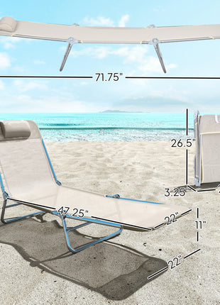 2 Piece Sun Loungers, Folding Chaise Lounge Chairs with Reclining Back, Breathable Mesh Seat, Headrest, Cream White