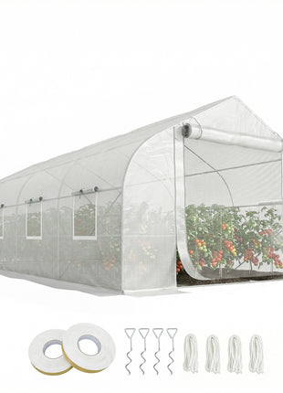20' x 10' x 7' Walk-in Tunnel Greenhouse with Zippered Mesh Door & 8 Mesh Windows, Gardening Plant Hot House with Galvanized Steel Hoops, White