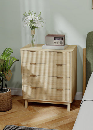 4 Drawer Double Dresser for Bedroom, Fluted Chest of Drawers with Gold Finger Pulls and 4 Wood Legs, Natural Wood