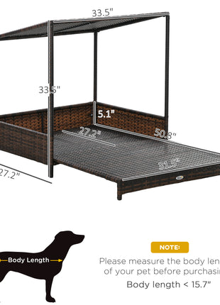 Outdoor Dog Bed, Extendable Wicker Dog Bed with Roof, Soft Cushion for Small and Medium Dogs, Mixed-Brown