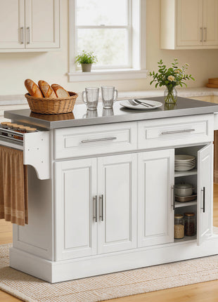 Rolling Kitchen Island Cart with 47" Stainless Steel Top, Portable Island Table for Kitchen with Wheels, Adjustable Shelves, 2 Drawers, Spice, Knife and Towel Rack, White