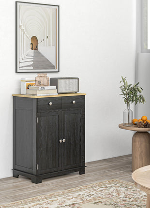 Kitchen Storage Cabinet, Sideboard Floor Cupboard with Solid Wood Top, Adjustable Shelf, and 2 Drawers, Distressed Black