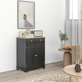 Kitchen Storage Cabinet, Sideboard Floor Cupboard with Solid Wood Top, Adjustable Shelf, and 2 Drawers, Distressed Black