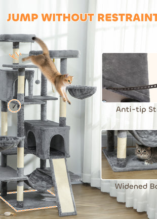 69" Cat Tree, Multi-Level Cat Tower with 2 Condos and 3 Hammocks, 8 Scratching Posts, for Multiple Cats, Dark Gray