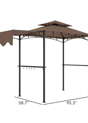 8' x 5' Outdoor Grill Gazebo, Barbecue Gazebo Shelter with Side Awning, 2 Side Shelves and 6 Hooks, Brown