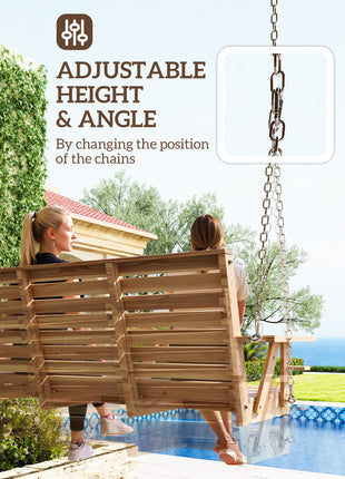 3-Seater Swing Bench, Wooden Porch Swing with Cupholders, Hanging Chains for Patio Garden, Nature Wood
