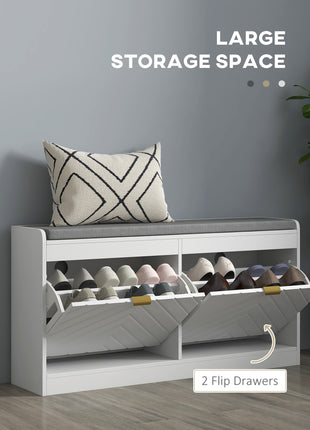 Narrow Storage Bench, Upholstered Entry Way Bench, Shoe Rack Bench with 2 Flip Drawers, 2 Vents for 8 Pairs of Shoes