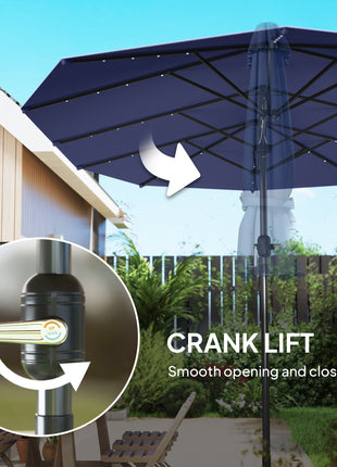 Garden Parasol, Double-Sided Sun Umbrella with LED Solar Lights, Patio Parasol for Outdoor, Navy Blue