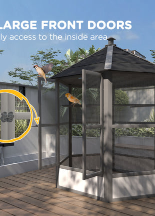 69" Wooden Hexagonal Outdoor Aviary Flight Bird Cage With Covered Roof, Light Gray
