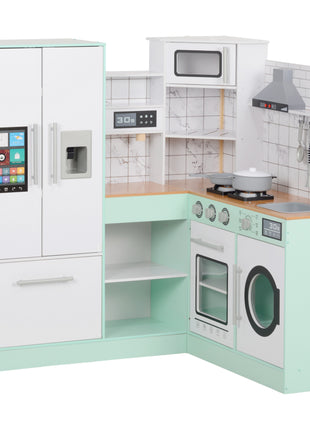Play Kitchen, Corner Kids Kitchen Playset w/ Chalkboard, Range Hood, Ice Maker, Stove, Microwave, Sound & Lights