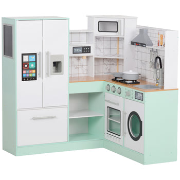 Play Kitchen, Corner Kids Kitchen Playset w/ Chalkboard, Range Hood, Ice Maker, Stove, Microwave, Sound & Lights