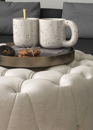 Round Ottoman Coffee Table with Velvet-feel Upholstery, Button Tufted Design and Padded Seat, Beige