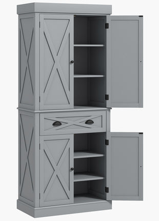 72" Kitchen Cabinet, Pantry Storage Cabinet with 4 Doors and 2 Adjustable Shelves, Large Central Drawer, Gray
