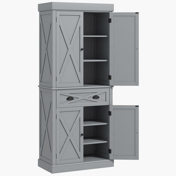 72" Kitchen Cabinet, Pantry Storage Cabinet with 4 Doors and 2 Adjustable Shelves, Large Central Drawer, Gray