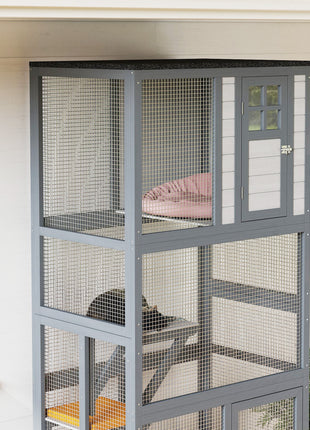 74" Wooden Outdoor Cat House Catio with High Weight Capacity, Cat Cage Condo, Dark Gray