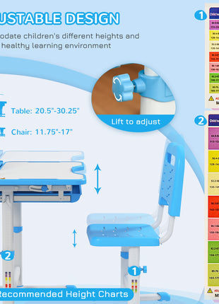 Kids Desk and Chair Set with USB Light, Storage Drawer, Blue