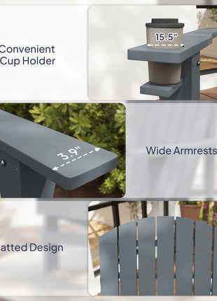 Oversized Adirondack Chair, Outdoor Fire Pit and Porch Seating, Classic Log Lounge w/ Built-in Cupholder, Dark Gray