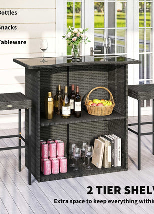 5 Piece Rattan Wicker Bar Set, High Top Outdoor Table and Chairs, Bar Height Patio Set, 2 Shelves & 4 Bar Stools, Gray