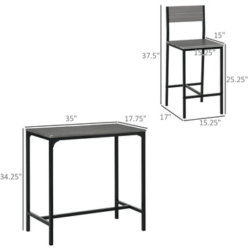 3 Piece Bar Table and Chairs, Industrial Dining Table Set for 2, Counter Height Kitchen Table with Bar stools, Breakfast Table Set for 2 for Small Space, Gray