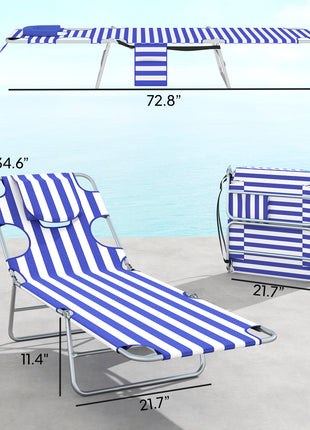 2 Tanning Chairs with Face Hole, 5-Level Adjustable Outdoor Chaise Lounge Chair with Pillow for Beach, Pool, Blue Stripe