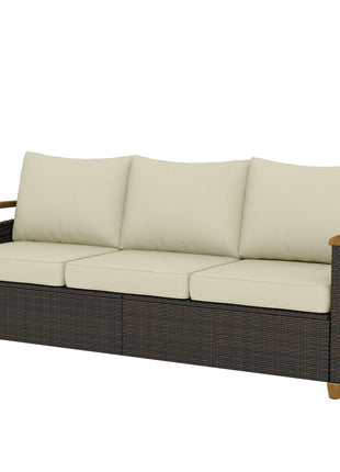 3 Seater Outdoor Couch Sofa, PE Wicker Patio Sofa, Wide Deep Seat, 4" Cushions, Wood-Effect Armrests Legs, Beige