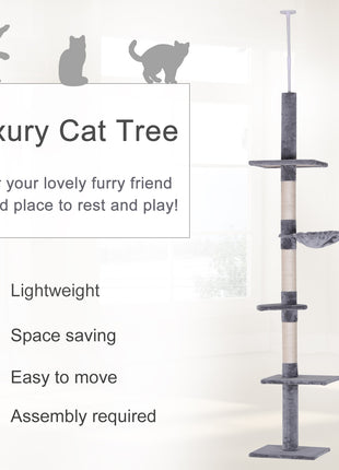 102" Adjustable Height Floor to Ceiling Cat Tree, 5 Level Cat Tower with Scratching Posts, Hammock, Gray