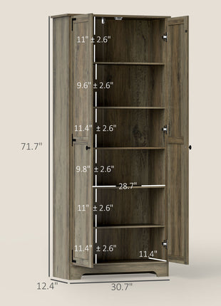 72" Farmhouse Pantry Cabinet, Freestanding Food Pantry Cabinet with Adjustable Shelves, Distressed Gray