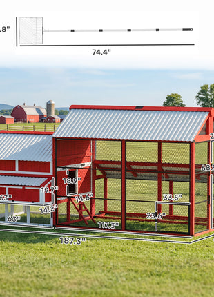 187.3" Large Chicken Coop, Walk-in Wooden Hen House, Outdoor Poultry Cage with Run, Weatherproof Roof, Nesting Box