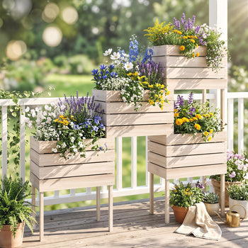 4PCS Raised Garden Bed With Legs, Wooden Elevated Planter Box Kit with Bed Liner, DIY Shape, for Flowers Vegetables Backyard Patio Balcony, 110lb Capacity