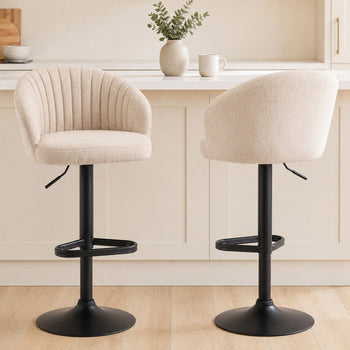 Modern Upholstered Adjustable Barstools with Swivel Seat, Linen Touch Fabric, Steel Frame, Footrest, ‎Beige
