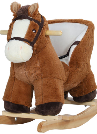 Baby Rocking Horse, Kids Ride-on with Sound, Wooden Base & Safety Belt for Ages 18-36 Months, Brown
