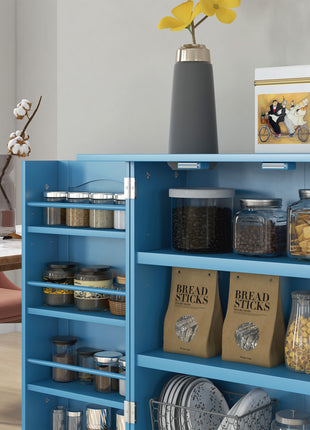 Freestanding Kitchen Pantry Cabinet, Kitchen Cabinet with 12 Door Shelves, Double Doors, 5-tier Shelving, Blue