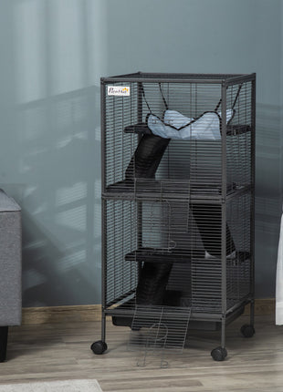 Metal Small Animal Cage Rolling Big Ferret Cage, Chinchilla Cage, Sugar Glider Cage, with Hammock & 4 Tiers, Removable Tray, Gray