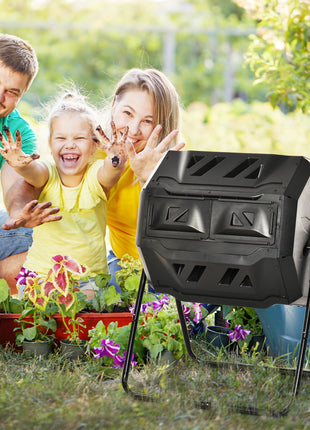 Tumbling Compost Bin Outdoor 360° Dual Chamber Rotating Composter 43 Gallon, Black