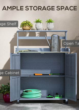 Outdoor Wooden Potting Bench with Storage Cabinet, Shelves, Galvanized Plated Tabletop for Backyard, Balcony, Gray