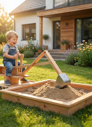 Wooden Sandbox with Digger, Kids Sandbox with 360° Rotating Seat & Bottom Liner, 72" x 35" x 22"