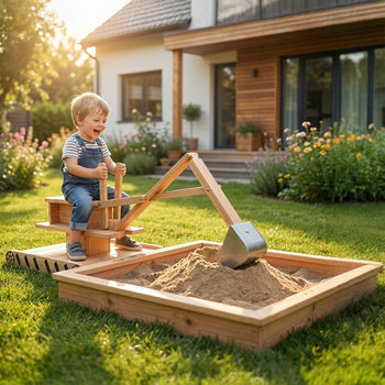 Wooden Sandbox with Digger, Kids Sandbox with 360° Rotating Seat & Bottom Liner, 72" x 35" x 22"
